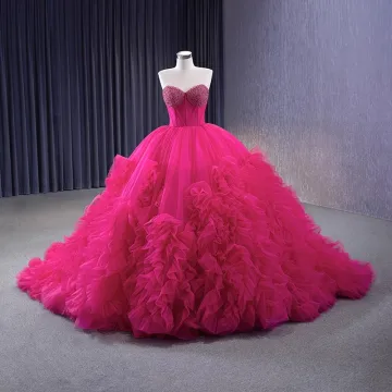 High End Fuchsia Beading Pärla Paljetter Cascading Volanger Balklänningar 2023 Balklänning Axelbandslös Korsett Ärmlös Halterneck Chapel Train Bal Formella Klänningar