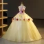 Elegant Yellow Rhinestone Appliques Cascading Ruffles Prom Dresses 2023 Ball Gown Strapless Sleeveless Backless Floor-Length / Long Prom Formal Dresses