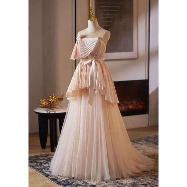 Fashion Blushing Pink Bow Sash Prom Dresses 2025 A-Line / Princess Scoop Neck Sleeveless Backless Sweep Train Formal Dresses
