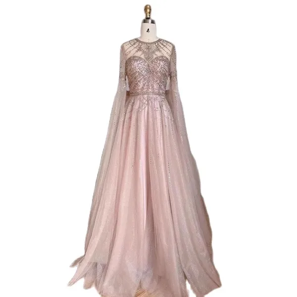 Haut de Gamme Bleu Ciel Fait main Perlage Paillettes Robe De Soirée 2023 Princesse Encolure Dégagée Manches Longues Noeud Soirée Train De Balayage Robe De Ceremonie