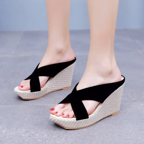 Fashion Black Beach Street Wear Pierced Womens Sandals 2024 9 cm Wedges Open / Peep Toe Sandals High Heels