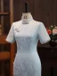 Chinese style Sky Blue Silk Printing Evening Party Cheongsam 2024 Trumpet / Mermaid High Neck Short Sleeve Tea-length