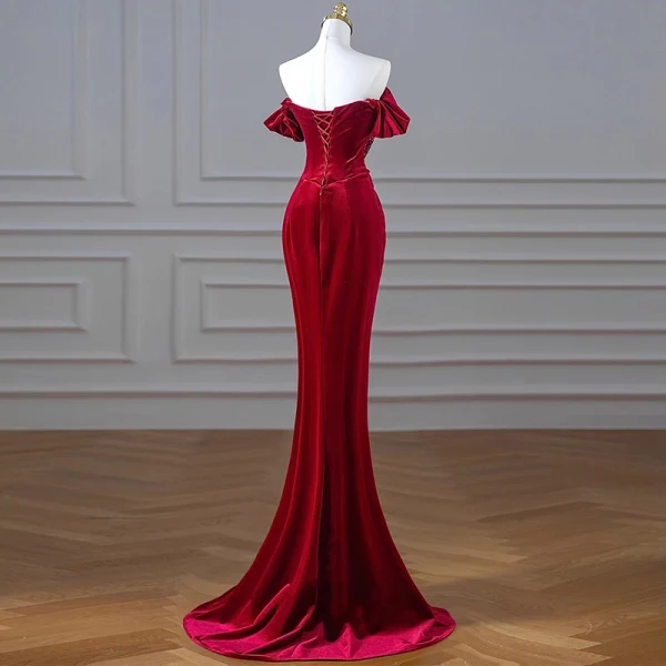 Charming Burgundy Beading Sequins Suede Evening Dresses 2023 Trumpet / Mermaid Velour Off-The-Shoulder Short Sleeve Backless Floor-Length / Long Evening Party Formal Dresses
