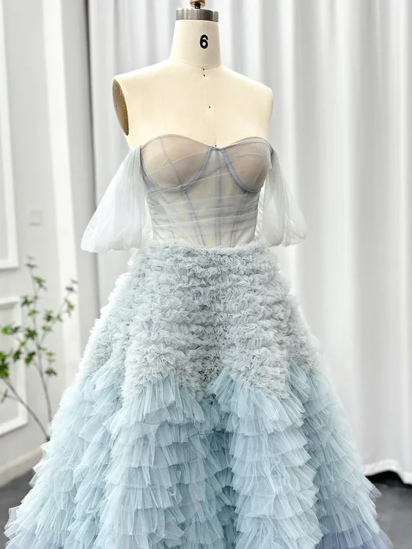 Charming Sky Blue Pleated Prom Dresses 2025 A-Line / Princess Strapless Sleeveless Backless Floor-Length / Long Formal Dresses