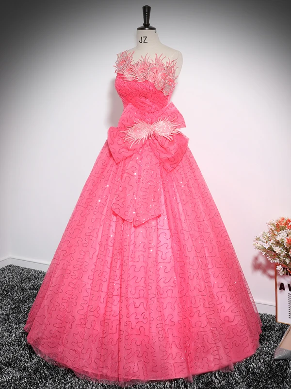 Chic / Beautiful Watermelon Rhinestone Sequins Prom Dresses 2024 Ball Gown Strapless Sleeveless Backless Floor-Length / Long Prom Formal Dresses