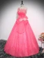 Chic / Beautiful Watermelon Rhinestone Sequins Prom Dresses 2024 Ball Gown Strapless Sleeveless Backless Floor-Length / Long Prom Formal Dresses