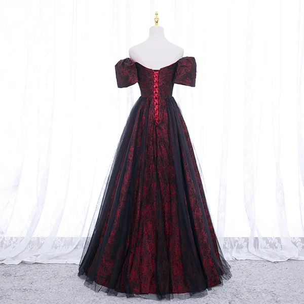 Elegant Burgundy Printing Prom Dresses 2022 A-Line / Princess Off-The-Shoulder Puffy Short Sleeve Backless Floor-Length / Long Formal Dresses