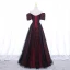 Elegant Burgundy Printing Prom Dresses 2022 A-Line / Princess Off-The-Shoulder Puffy Short Sleeve Backless Floor-Length / Long Formal Dresses