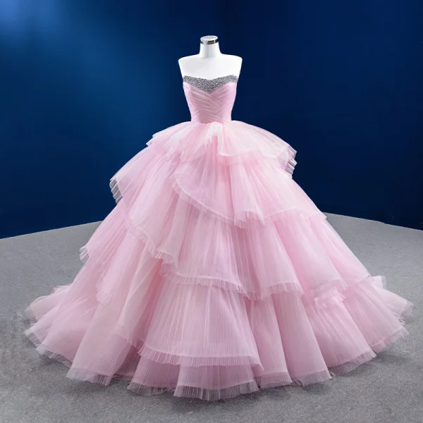 High-end Blushing Pink Cascading Ruffles Prom Dresses 2022 Ball Gown Strapless Rhinestone Sleeveless Backless Court Train Prom Formal Dresses