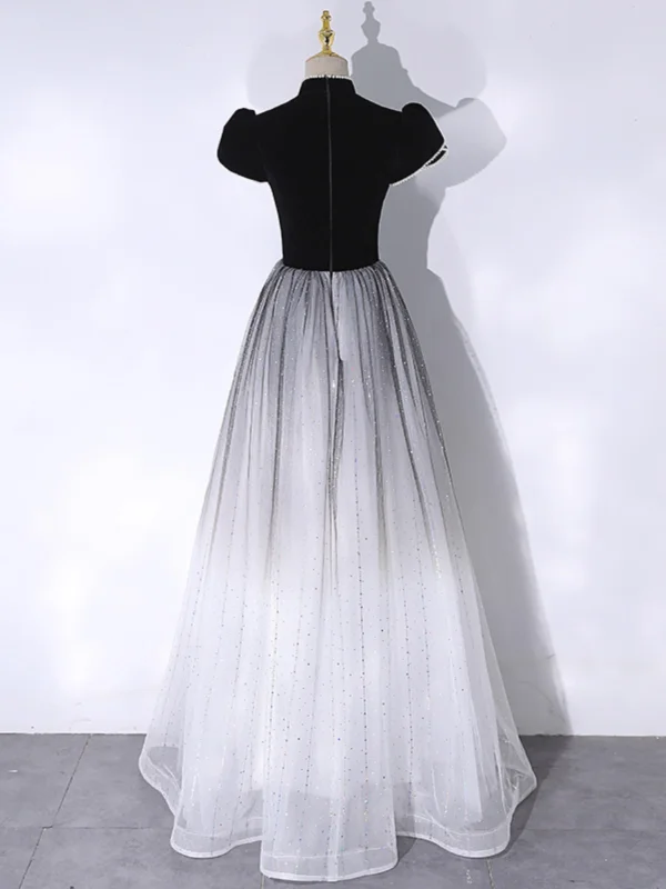 Chinese style Black Pearl Floor-Length / Long Formal Dresses 2024 A-Line / Princess High Neck Cap Sleeves Prom Prom Dresses