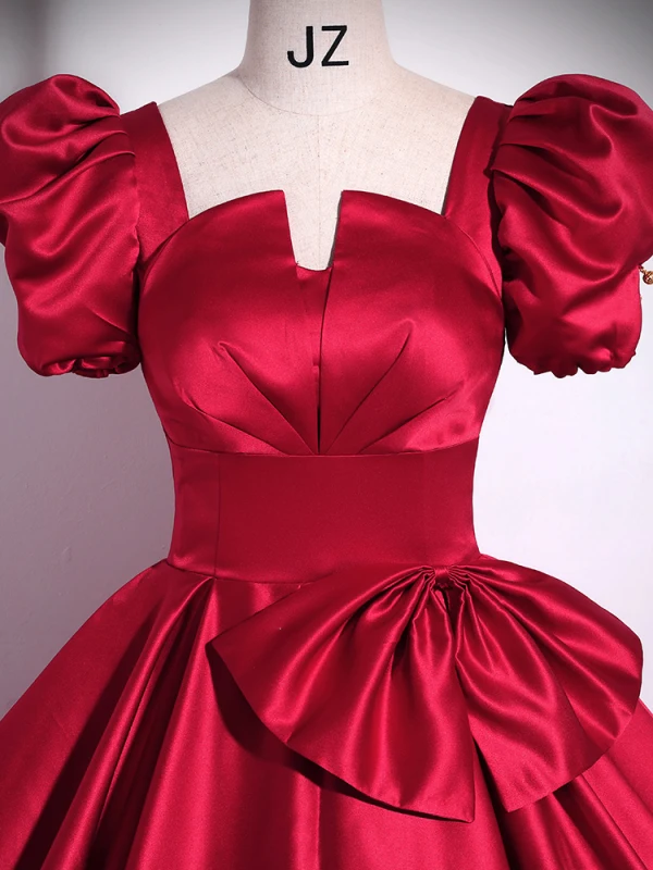 Elegant Burgundy Bow Prom Dresses 2024 Ball Gown Square Neckline Puffy Short Sleeve Backless Floor-Length / Long Prom Formal Dresses