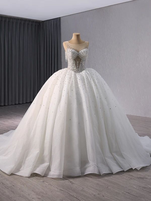 Luxury / Gorgeous White Handmade  Beading Rhinestone Sequins Wedding Dresses 2024 Ball Gown Scoop Neck Sleeveless Backless Chapel Train Wedding