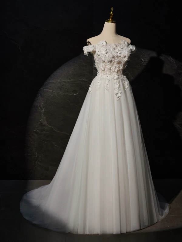 Chic / Beautiful White Pearl Rhinestone Lace Flower Wedding Dresses 2024 A-Line / Princess Off-The-Shoulder Short Sleeve Backless Sweep Train Wedding