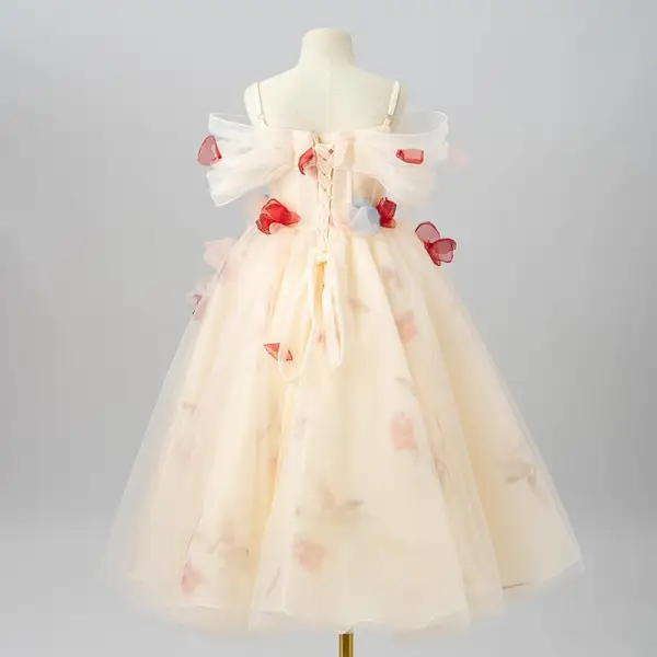 Lovely Champagne Appliques Birthday Flower Girl Dresses 2025 A-Line / Princess Off-The-Shoulder Short Sleeve Backless Floor-Length / Long Flower Girl Dresses