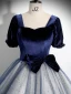 Élégant Bleu Marine Étoile Paillettes Noeud Robe De Bal 2024 Robe Boule Encolure Carrée Manches Courtes Dos Nu Longue Promo Robe De Ceremonie