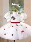 Chic / Belle Blanche Fraise Anniversaire Courte Robe Ceremonie Fille 2025 Robe Boule Encolure Dégagée Gonflée Manches Courtes Noeud Ceinture