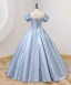 Fashion Sky Blue Prom Dresses 2022 Ball Gown Scoop Neck Bow Puffy Short Sleeve Backless Floor-Length / Long Prom Formal Dresses
