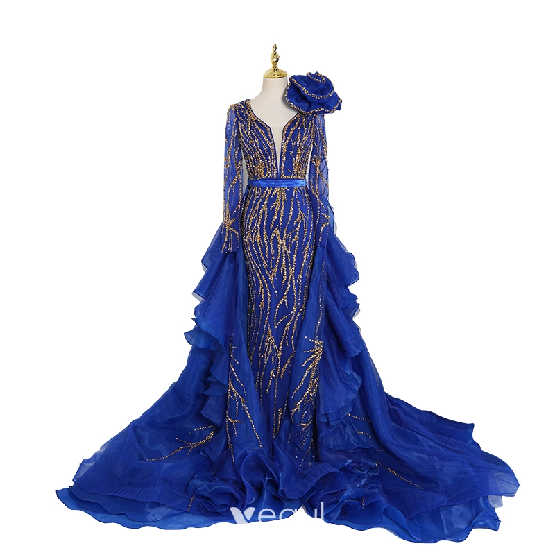 fancy royal blue dresses Royal Blue Satin V-neck Strapless High Slit Formal Dresses, CP1054 main image 1