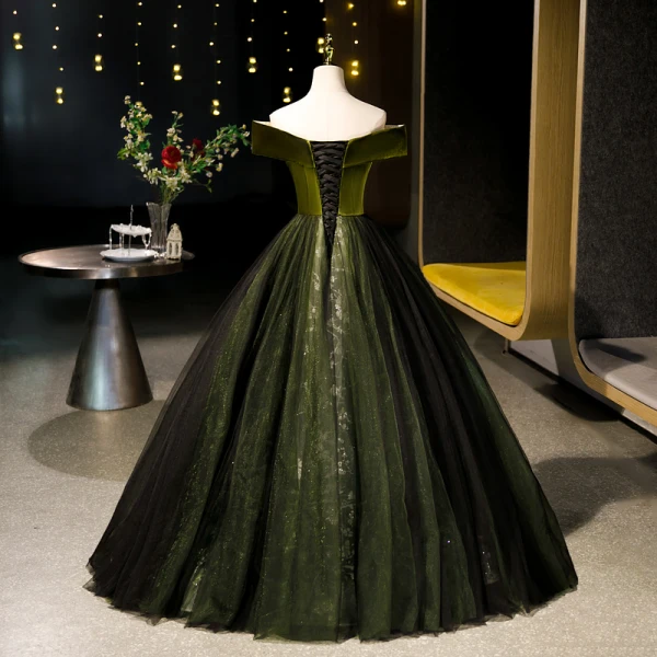 Elegant Dark Green Rhinestone Lace Flower Velvet Prom Dresses 2023 A-Line / Princess Off-The-Shoulder Sleeveless Backless Floor-Length / Long Prom Formal Dresses