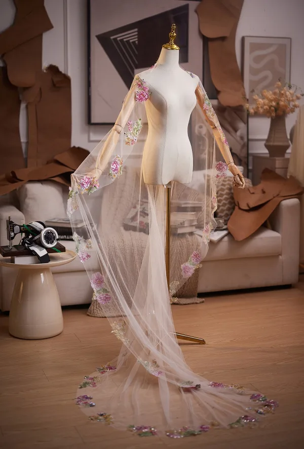 Chic / Beautiful Blushing Pink Lace Flower Prom shawl 2025 Tulle