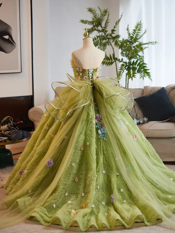 Flower Fairy Sage Green Multi-Colors Appliques Prom Dresses 2025 Ball Gown Strapless Sleeveless Backless Sweep Train Formal Dresses