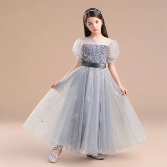 Scintillantes Gris Étoile Paillettes Promo Robe Ceremonie Fille 2022 Princesse Encolure Dégagée Manches Courtes Ceinture Noeud Longue Robe Ceremonie Fille