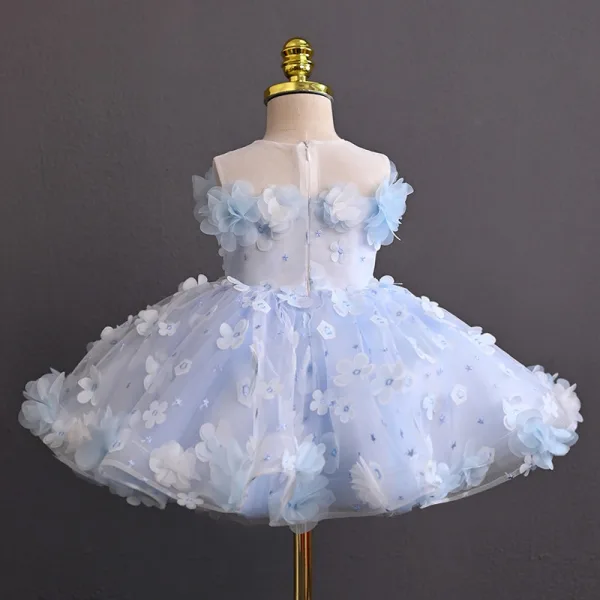 Chic / Beautiful Sky Blue Pearl Appliques Short Birthday Flower Girl Dresses 2025 Ball Gown Scoop Neck Sleeveless Backless