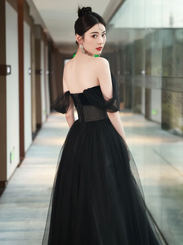 Sexy Black Beading Evening Dresses 2024 A-Line / Princess Off-The-Shoulder Sleeveless Backless Floor-Length / Long Evening Party Formal Dresses