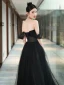Sexy Black Beading Evening Dresses 2024 A-Line / Princess Off-The-Shoulder Sleeveless Backless Floor-Length / Long Evening Party Formal Dresses