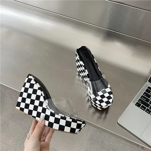 Fashion Black Summer Street Wear Plaid Womens Sandals 2022 11 cm Wedges Open / Peep Toe Sandals High Heels