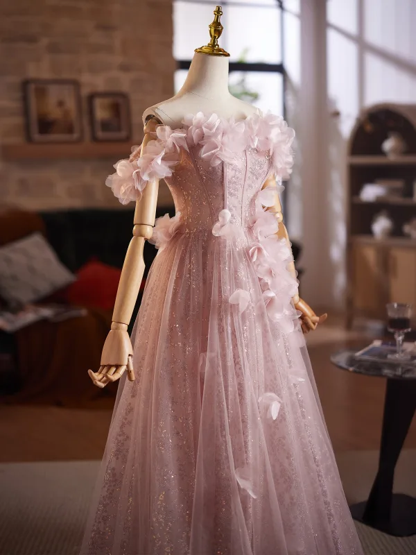 Chic / Beautiful Blushing Pink Appliques Sequins A-Line / Princess Prom Dresses 2025 Off-The-Shoulder Sleeveless Backless Floor-Length / Long Formal Dresses