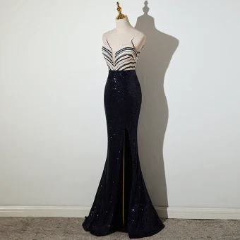 Sexy Argenté Bleu Marine Paillettes Robe De Soirée 2022 Trompette Sirène Bretelles Spaghetti Sans Manches Dos Nu Fendue Devant Longue Robe De Ceremonie