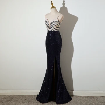 Sexy Argenté Bleu Marine Paillettes Robe De Soirée 2022 Trompette Sirène Bretelles Spaghetti Sans Manches Dos Nu Fendue Devant Longue Robe De Ceremonie