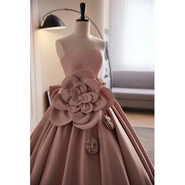 Vintage / Retro Dusky Pink Satin Prom Dresses 2023 Ball Gown Strapless Sleeveless Backless Bow Appliques Floor-Length / Long Prom Formal Dresses