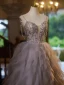 Charming Grey Cascading Ruffles Beading Pearl Sequins Prom Dresses 2024 Ball Gown Spaghetti Straps Sleeveless Backless Floor-Length / Long Prom Formal Dresses