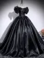 Chic / Beautiful Black Ball Gown Prom Dresses 2025 Off-The-Shoulder Puffy Short Sleeve Backless Floor-Length / Long Formal Dresses