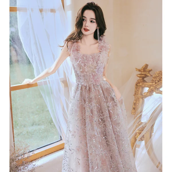Flower Fairy Blushing Pink Beading Sequins Appliques Prom Dresses 2024 A-Line / Princess Square Neckline Sleeveless Backless Floor-Length / Long Prom Formal Dresses