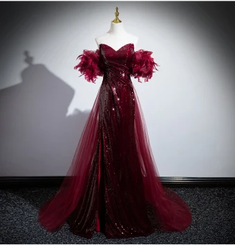 Glitzernden Burgunderrot Pailletten Gespaltete Front Ballkleider 2024 Meerjungfrau Off Shoulder Geschwollenes Kurze Ärmel Rückenfreies Sweep Pinsel Zug Abend Festliche Kleider
