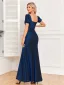 Sexy Bleu Marine Fendue devant Robe De Soirée 2024 Trompette / Sirène Encolure Carrée Manches Courtes Dos Nu Longue Soirée Robe De Ceremonie