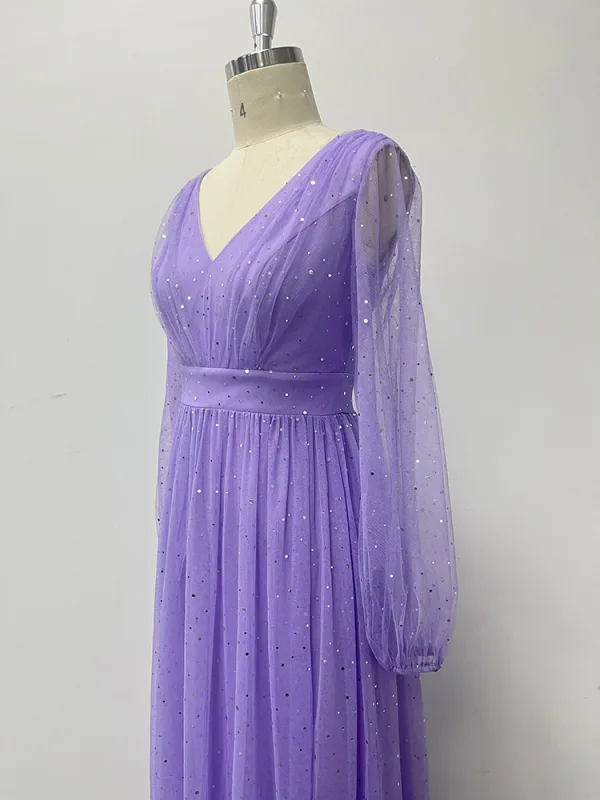 Modest / Simple Lavender Prom Dresses 2024 A-Line / Princess V-Neck Long Sleeve Backless Floor-Length / Long Prom Formal Dresses