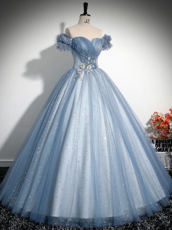 Elegant Sky Blue Beading Lace Flower Pearl Sequins Prom Dresses 2024 A-Line / Princess Off-The-Shoulder Short Sleeve Backless Floor-Length / Long Prom Formal Dresses