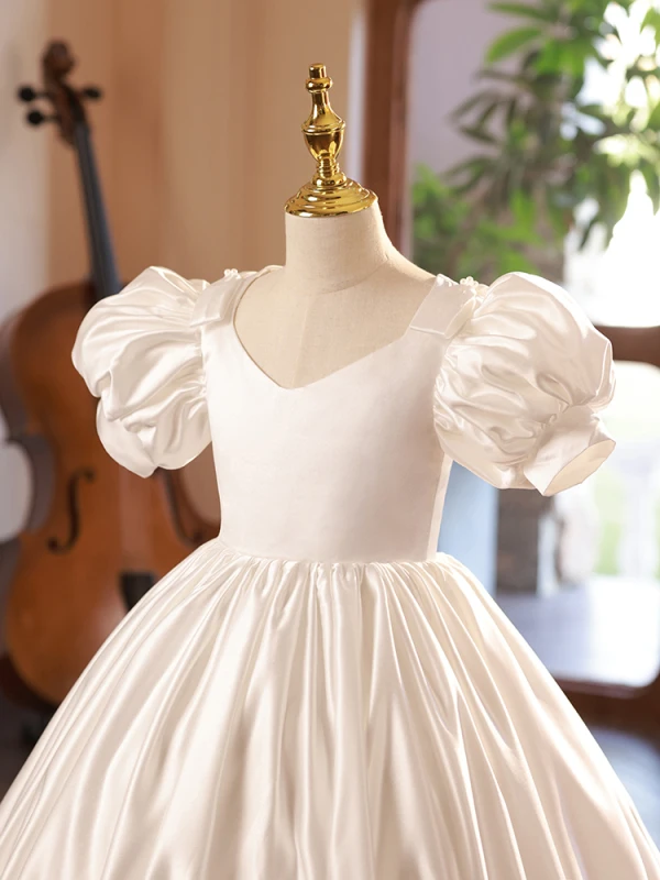 Vintage / Originale Ivoire Anniversaire Robe Ceremonie Fille 2024 Robe Boule V-Cou Gonflée Manches Courtes Longue