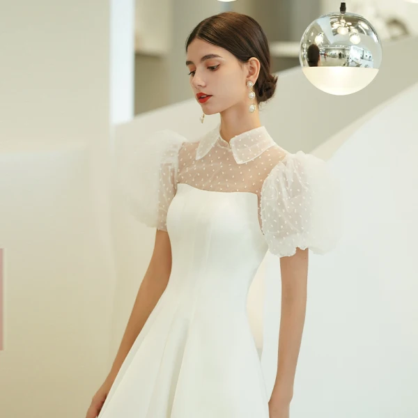 Chic / Beautiful Ivory Prom Dresses 2022 A-Line / Princess High Neck Puffy Short Sleeve Backless Prom Floor-Length / Long Formal Dresses