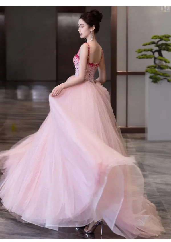 Chic / Belle Rougissant Rose Perlage Paillettes Robe De Bal 2024 Robe Boule Bretelles Spaghetti Sans Manches Dos Nu Longue Promo Robe De Ceremonie