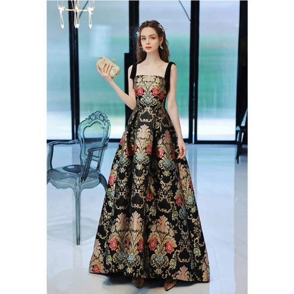 Vintage / Retro Black Gold Printing Satin Prom Dresses 2022 A-Line / Princess Spaghetti Straps Sleeveless Backless Floor-Length / Long Prom Formal Dresses