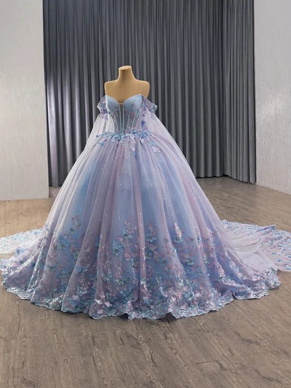 Haut de Gamme Bleu Ciel En Dentelle Papillon Perlage Paillettes Appliques Robe De Bal 2025 Robe Boule De l'épaule Manches Courtes Dos Nu Royal Train Tulle Robe De Ceremonie