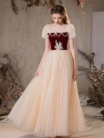 Chic Beautiful Burgundy Beading Lace Flower Pearl Sequins Prom Dresses 2024 A Line Princess Square Neckline Short Sleeve Backless Floor Length Long Prom Formal Dresses