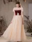 Chic / Beautiful Burgundy Beading Lace Flower Pearl Sequins Prom Dresses 2024 A-Line / Princess Square Neckline Short Sleeve Backless Floor-Length / Long Prom Formal Dresses