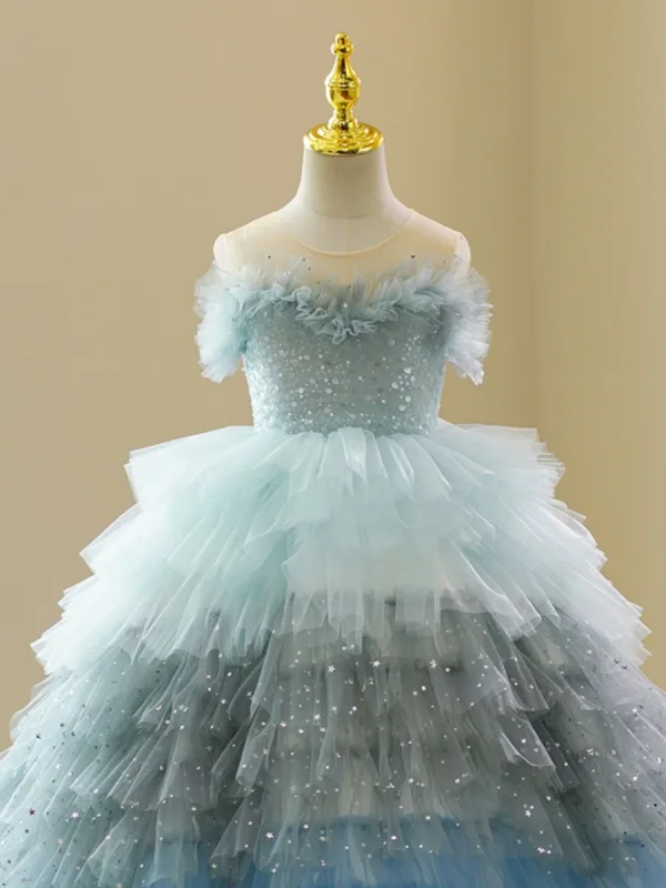 Fashion Multi-Colors Sky Blue Cascading Ruffles Sequins Birthday Flower Girl Dresses 2023 Ball Gown Scoop Neck Short Sleeve Court Train Tulle
