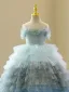 Fashion Multi-Colors Sky Blue Cascading Ruffles Sequins Birthday Flower Girl Dresses 2023 Ball Gown Scoop Neck Short Sleeve Court Train Tulle